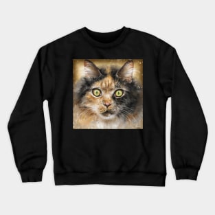 Painting of a Calico Tri-Color Fluffy Cat with Gorgeous Green Eyes Crewneck Sweatshirt